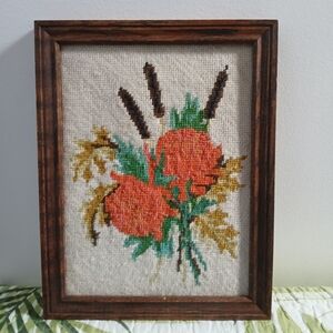 Vtg 1970s Framed Needlepoint Chrysanthemums and Cattails Fall Bouquet Wall Art